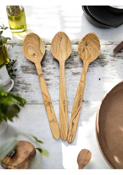 F&s Woodart 3 Adet Edremit Zeytin Ağacı Doğal Ahşap El Yapımı Tahta Kaşık Yemek Kaşığı 29 Cm Tencere Kaşığı