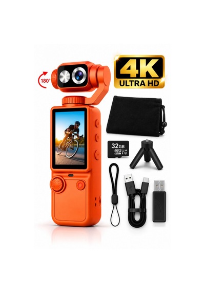 4k Ultra Hd Dijital Kamera 180 Dönen Lens Taşınabilir Video Fotoğraf Kamera 32gb Hafıza Kartı Hediyedir