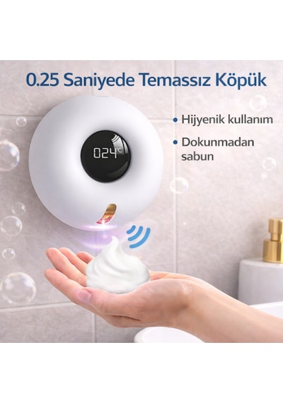 Polham Akıllı Sensörlü Köpük Sabunluk 280ml 0.25s Hızlı Sensör Şarjlı Dijital Ekranlı Otomatik Sabunluk Beyaz
