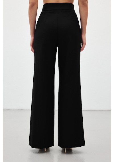 Sateen Bol Paça Keten Pantolon - Siyah-136411 Siyah