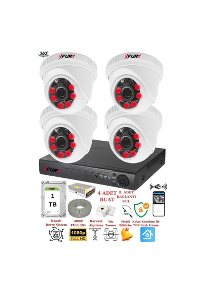 Fury 4 Kameralı 5mp 3.6mm Lens 2mp Görüntü 6 Atom Led Gece Görüşlü Fullhd Güvenlik Kamerası 1412a 1tb