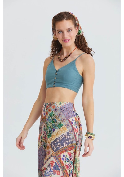 İnce Askılı Düğme Detaylı Crop Bluz Mavi
