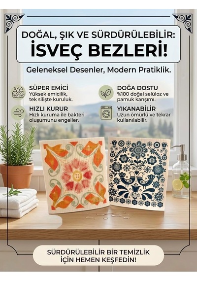 Lexroo İsveç Bezi, Renkli Desenli, Sürdürülebilir, Tekrar Kullanılabilir, Makinede Yıkanabilir Çok Renkli