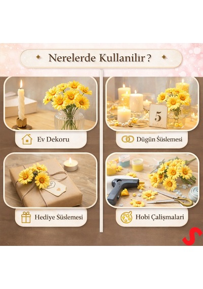 Yapay Papatya Çiçek Kafası 4 Cm X 20 Adet - Sarı Renkli
