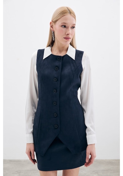 Sateen Düğmeli Uzun Süet Yelek - Lacivert-135510 Lacivert