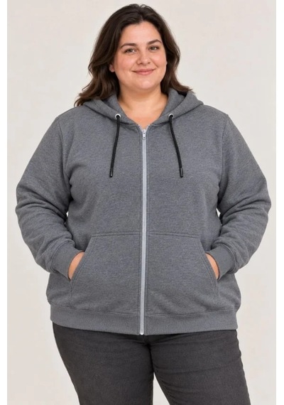 N11 Battal Büyük Beden Üç İplik İçi Şardonlu Kapüşonlu Tam Fermuarlı Kışlık Sweatshirt - Füme
