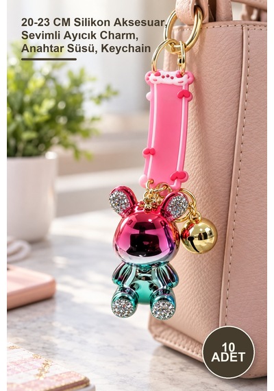 10 Adet Taşlı Ayıcık Silikon Anahtarlık 20-23 Cm Silikon Aksesuar, Sevimli Ayıcık Charm, Anahtar Süsü, Keychain