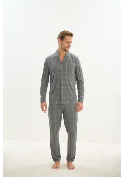 Sevim Erkek Uzun Kol Gömlek Yaka Önden Düğmeli Gri Pijama Takım C3t2n5o9 001