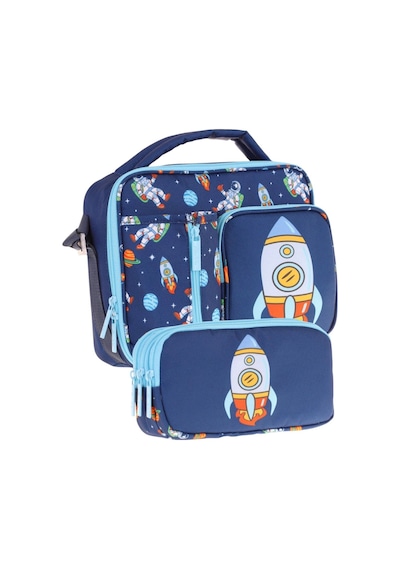 Kaukko Kids Erkek Çocuk Lacivert Roket Üç Bölmeli Thermo Beslenme Çantası Ve Kalemlik Seti L7260+l8260 Lacivert