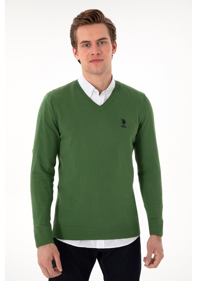 U.S. Polo Assn. Erkek Slim Fit V Yaka Yeşil Basic Kazak 50288881-VR054