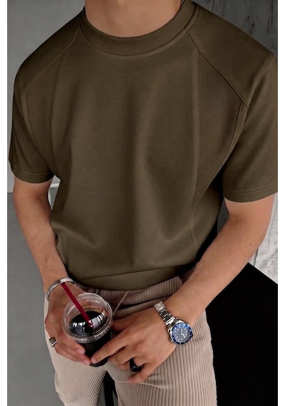 Genius Store Erkek Tişört Basic Bisiklet Yaka Tişört Rahat Kesim Dökümlü Günlük Spor Tshirt Haki