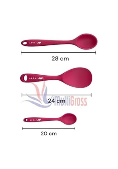 Sert Uçlu Isıya Dayanıklı Silikon Kaşık Seti, 28 Cm, 24 Cm, 20 Cm, Fuşya