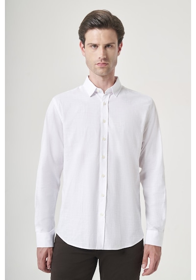 İmza Beyaz Biritli Yaka Uzun Kol Cepsiz Slim Fit Pamuklu Gömlek 1004260207