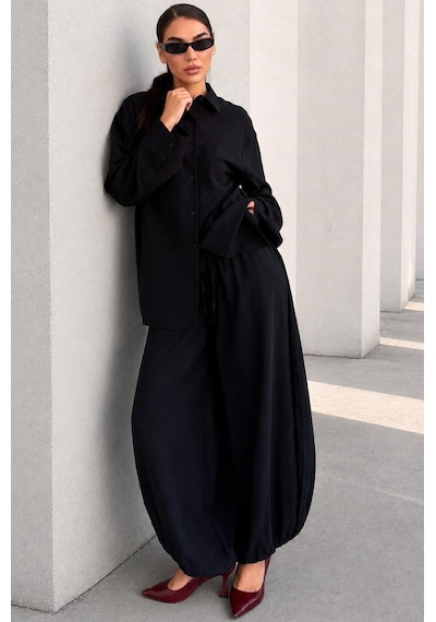 Madmext Siyah Oversize Gömlek Balon Pantolon Kadın Takım Mg2779