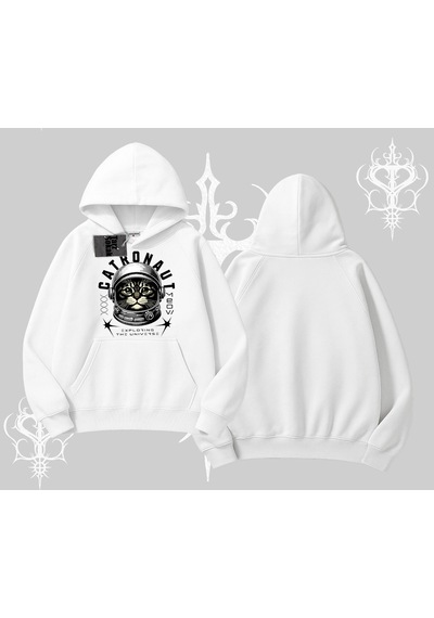 Startmore Catronaut Kedi Baskılı Kapşonlu Sweatshirt Beyaz