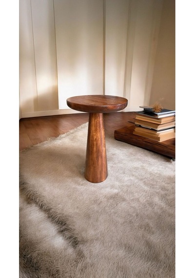 Wood Wooden Ahşap Tekli Konik Mantar Yan Sehpa Modern Kestane Renk Fiskos Kestane