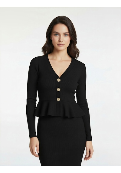 Koton Slim Fit Mücevher Düğmeli V Yaka Uzun Kollu Peplum Hırka Siyah 7wak30013ek