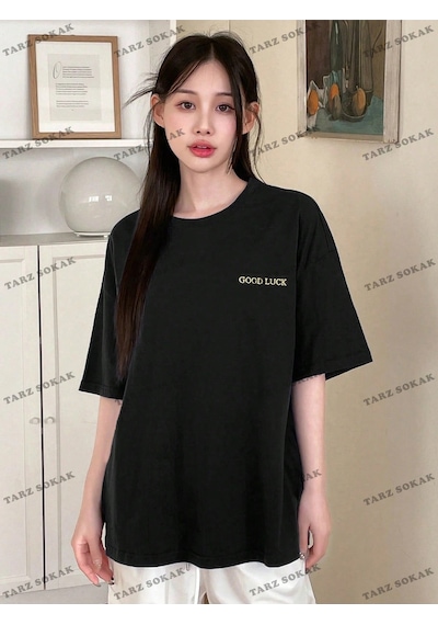 Adrift Good Lucky Baskılı Oversize Kalıp Unisex T-shirt Siyah