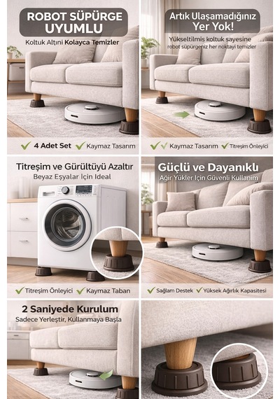 4 Adet Mobilya Ayağı Yükseltici Robot Süpürge Uyumlu Çamaşır Makinesi Titreşim Önleyici Gri