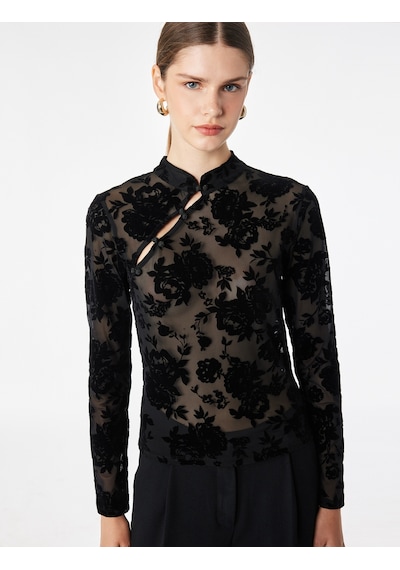 Koton Uzun Kollu Floral Dokulu Dik Qipao Yaka Tül Tişört Siyah Desenli 7wak10023uk
