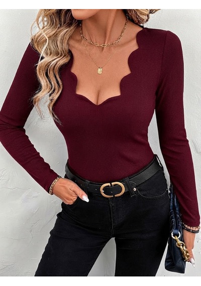 Adisia Kadın Uzun Kollu Lazer Kesim Dalga Yakalı Dalgıç Bluz Bordo