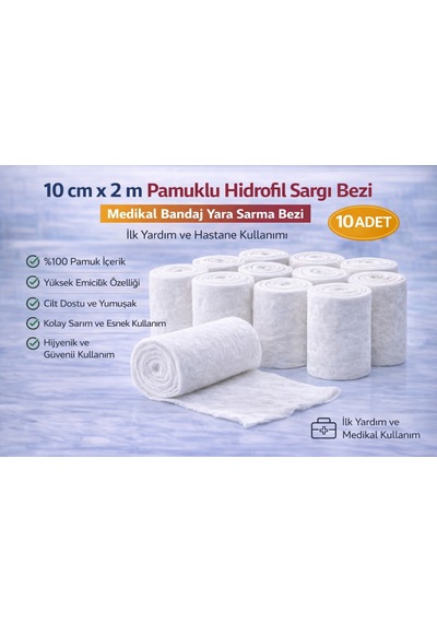 10 Cm X 2 M Pamuklu Hidrofil Sargı Bezi Medikal Bandaj Yara Sarma Bezi İlk Yardım Ve Hastane Kullanımı 10 Adet