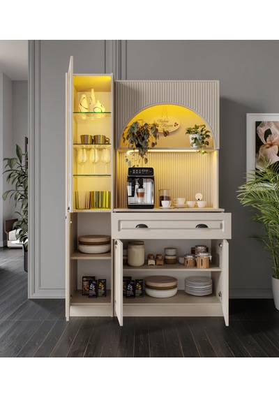 Siena Kum Beji Midi Sol Vitrinli 130 Cm Komple Mdf Led Aydınlatmalı Kahve Köşesi