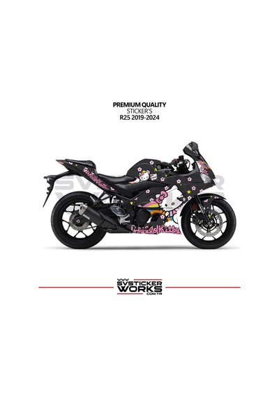 Yamaha R25 Hello Kitty Kaplama Sticker Motor Kaplama Modeli Hazır Kit 2019 / 2024 Uyumlu Siyah
