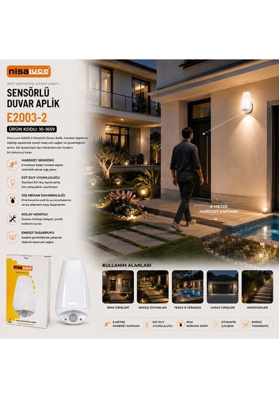 Nisaluce E2003-2 Çınar Sensörlü Led Aplik Duvar Lambası - E27, Ip20, Soft, 0,4w Ve 50w Diğer