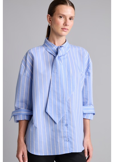 Defacto Oversize Kravat Yaka Çizgili Poplin Uzun Kollu Gömlek I7958ax26aube553 Mavi-be553