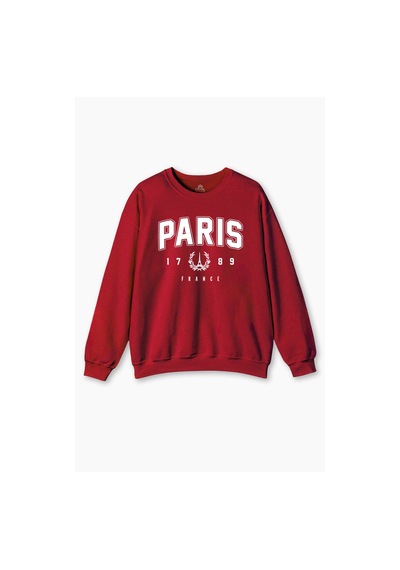 So Cool Kırmızı Sweat Paris France Fransa Şehir Yazı Baskılı Şardonlu Yumuşak Sweatshirt Kırmızı