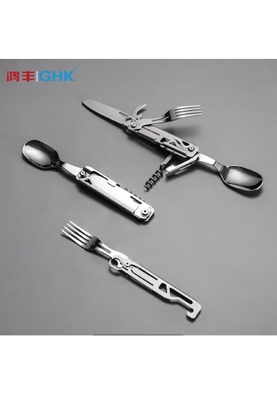 Grand Harvest Ghks002 Multi Fonksiyonel Çatal Kamp Bıçak Kaşık Tirbüşon Set Gri