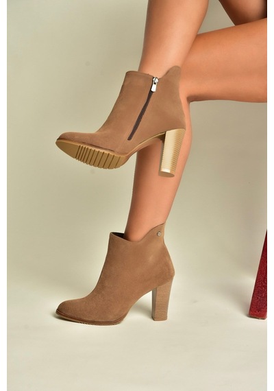Fox Shoes Z654047961 Vizon Hakiki Deri Süet Kalın Topuklu Kadın Bot