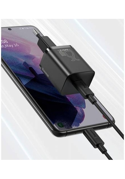 BASEUS 25W Hızlı Şarj Başlığı ve 1 Mt Type C Şarj ve Data Kablosu, Telefon ve PC Şarj Aleti