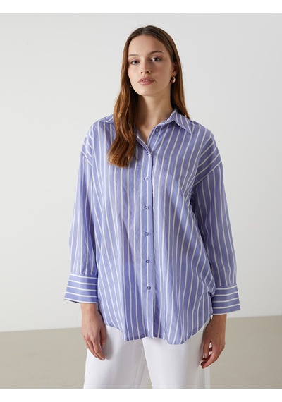 Lcw Modest Mor Çizgili Oversize Kadın Gömlek Tunik