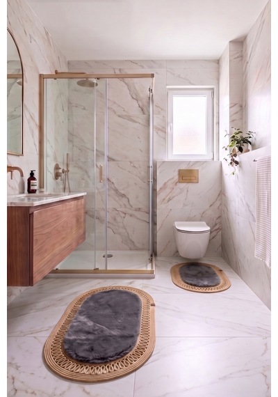 Banyo Paspası Takımı 60x100+40x60 Cm İç Trikot Antrasit Gri & Camel