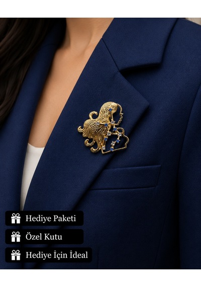 Hediye Başak Burcu Kadın Broşu Gold Renk Zirkon Taşlı Astroloji Rozeti Açık Gri