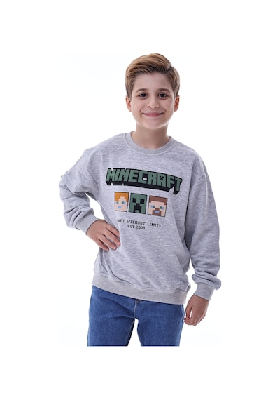Minecraft Baskılı Erkek Çocuk Sweatshirt Gri Gamer Oyun Temalı Gri