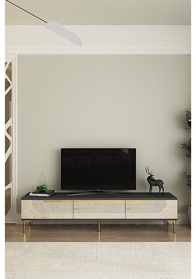 Tsa1805atg Meyra Tv Sehpası Antrasit-traverten-gold 180cm Antrasit - Traverten - Altın