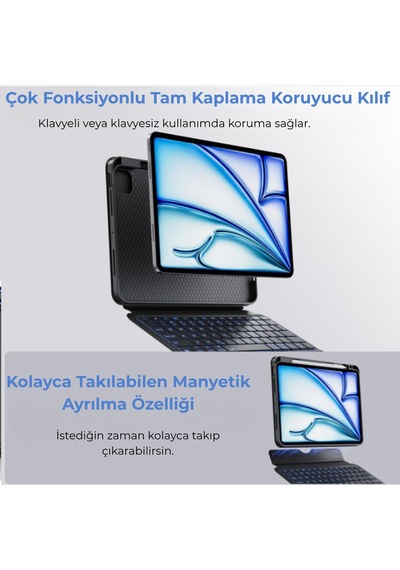 İpad Uyumlu Air 11" M2-m3 2024-25 360 Dönen Standlı Işıklı Risser Türkçe Q Klavyeli Tablet Kılıfı
