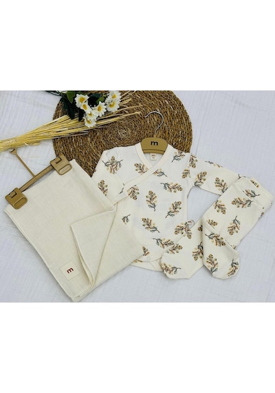 Minisse Baskılı Çıtçıtlı Badi, Alt Ve Müslin Battaniyeli Yenidoğan Bebek 3lü Set Yaprak