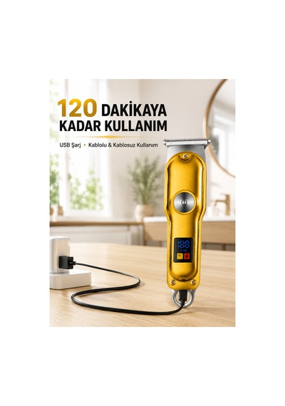 Şarjlı Profesyonel Saç Sakal Tıraş Makinesi T Bıçaklı Turbo Modlu Led Ekranlı 3