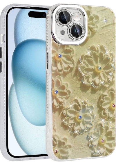 Apple Uyumlu iPhone 14 Kılıf Çiçek Desenli Parlak Taşlı Sert Silikon Garden Kapak - Beyaz Beyaz Beyaz