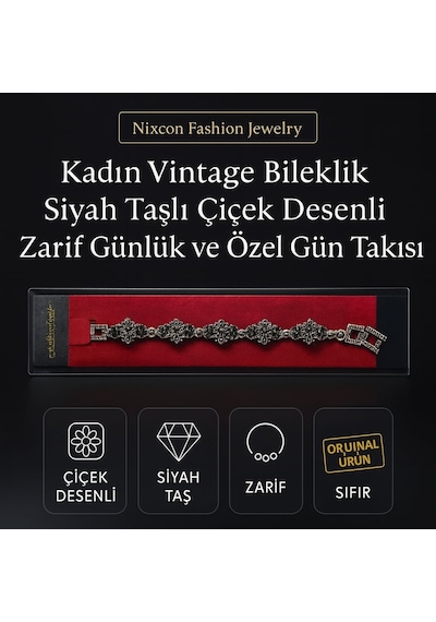 Kadın Vintage Bileklik Siyah Taşlı Çiçek Desenli Zarif Günlük Ve Özel Gün Takısı Siyah - Gümüş