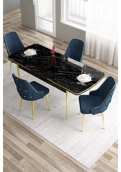 Canisa Tia Serisi, Siyah Mermer 80x132 Açılabilir Mdf Yemek Odası Takımı 4 Lacivert Sandalye Gold Detay Masa Siyah Mermer Desen Sandalye Lacivert Canisa Tia Serisi, Siyah Mermer 80x132 Açılabilir Mdf Yemek Odası Takımı 4 Lacivert Sandalye Gold Detay Masa Siyah Mermer Desen Sandalye Lacivert