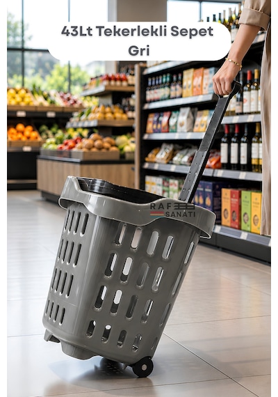 43 Lt Tekerlekli Market Sepeti Plastik Alışveriş Sepeti Ergonomik Çift Saplı Gri