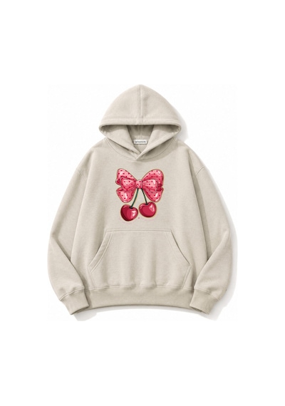 Herkesemoda Kurdele Kiraz Baskılı Kapüşonlu 2 İplik Şardonlu Sweatshirt Bej