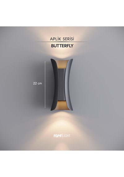 FoneLight Butterfly 22 cm Antrasit Alüminyum LED Duvar Apliği IP65 Dış Mekan Bahçe Balkon Teras Villa Cephe Aydınlatması 3000K