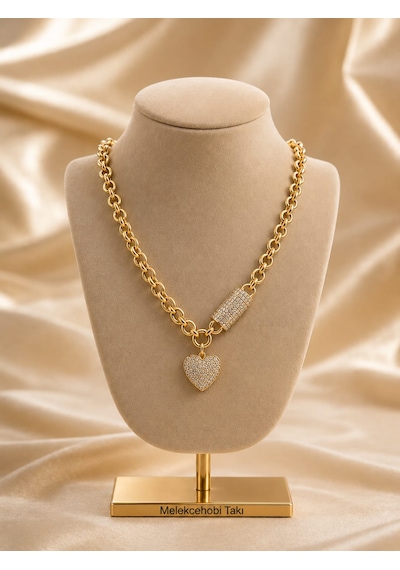 Melekcehobi Takı 14k Altın Kaplama Xuping Zirkon Taşlı Kalp Kilitli Doç Zincir Kolye Gold