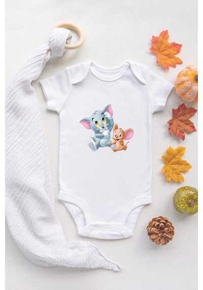 Tuğba Baby Tom Ve Jerry Organik Baskılı Bebek Body %100 Pamuklu Ekru Çıtçıtlı Badi Zıbın Beyaz
